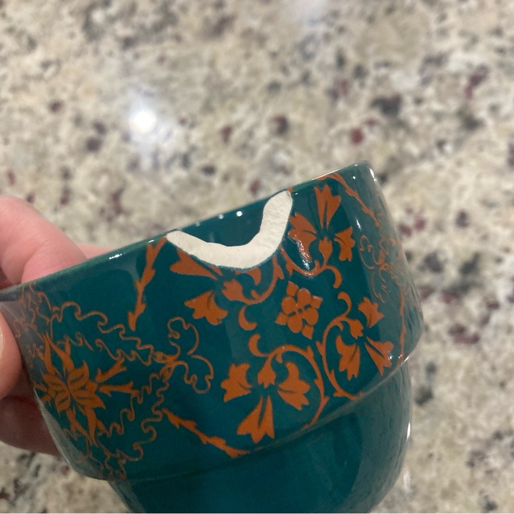 World Market Set of 6 coffee cups with metal holder **1 glued back* Holder Rustd - Picture 10 of 16